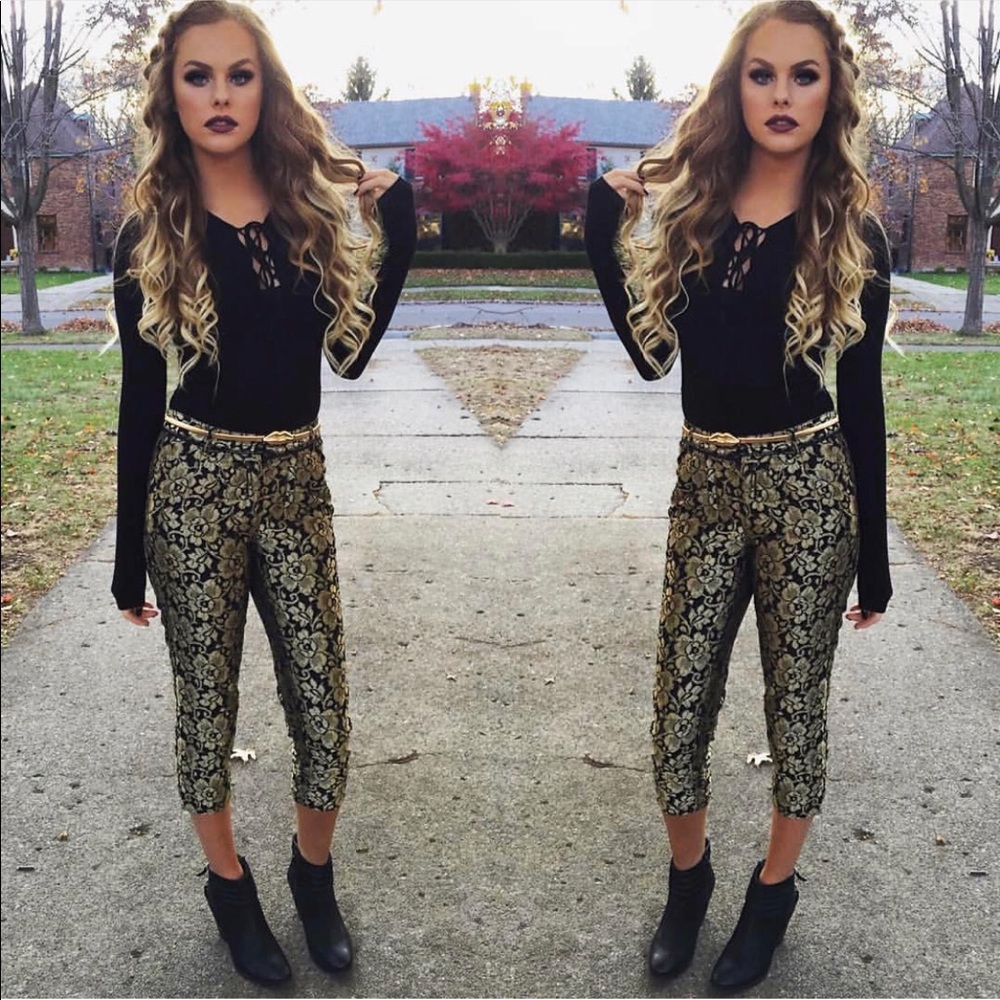 Sugarlips Floral Jacquard Gold Lace Ankle Pants